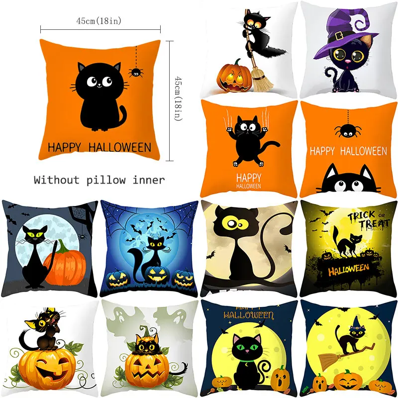 

Home Decor Halloween Print Cushion Cover Pumpkin Cat Pillowcase Pumpkin Cat Decor Pillowcase 45x45cm funda de almohada