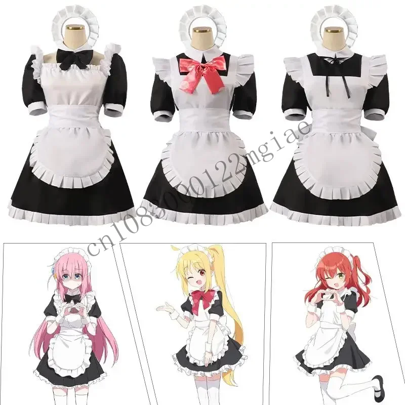 Gotou Hitori Косплей Bocchi The Rock Ijichi Nijika Черно-белое платье горничной Парик Лолиты