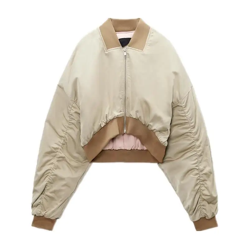 

Women Fashion Simple Coats ZA Winter Short Pleated Solid Color Jacket Stand Collar Cotton Jackets Female Ladies Short Clothing