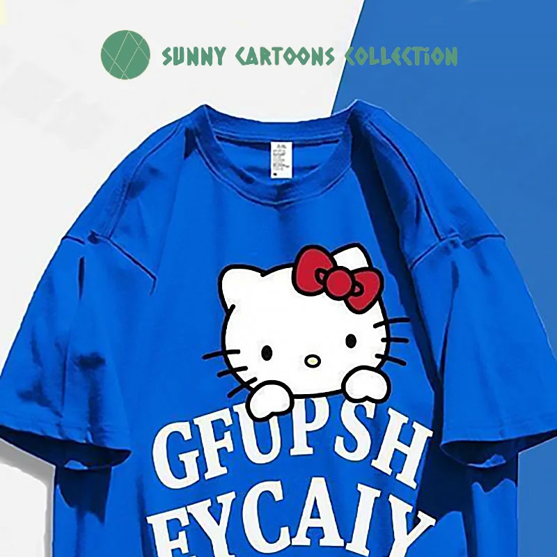 Sanrio Hello Kitty Short-Sleeved T-Shirt Casual Couple Clothing Letter Klein Blue Tee Shirt Women Large Size Loose Cotton Tops