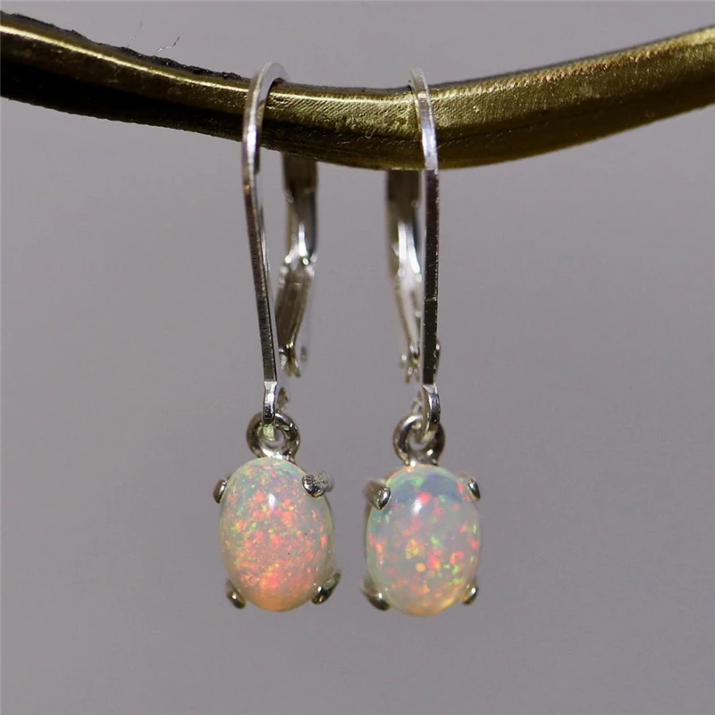 

2022 Vintage Oval White Man Made Fire Opal Silver Color Drop Earrings for Women's Wedding Party Earrings Best Gift