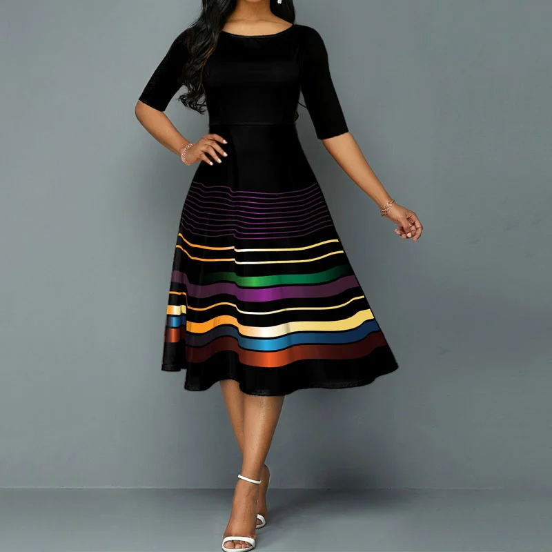 

Half Sleeve Dress 3D Stripe Print Skirts Half Sleeve Official Clothing Elegant Dresses Summer Elastic Waist Y2k Evening dress