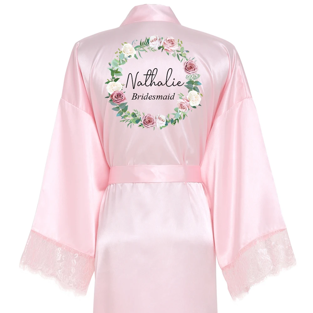 Personalized Custom Text Women Long Large Plain Bride Kimono Silk Robe Satin Night Dress Wedding Bathrobe Lace Robe Ladies Gown