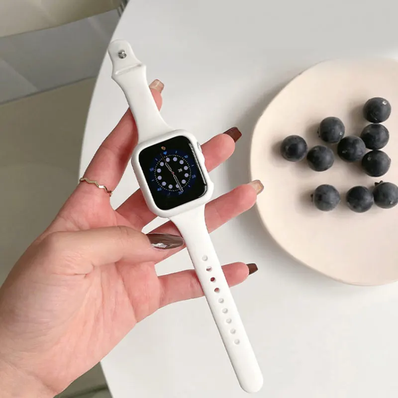 Glass+Case+Slim Strap For Apple Watch band 44mm 40mm 45mm 41mm 38mm 42mm Silicone watchband bracelet iWatch series 7 8 4 5 6 se