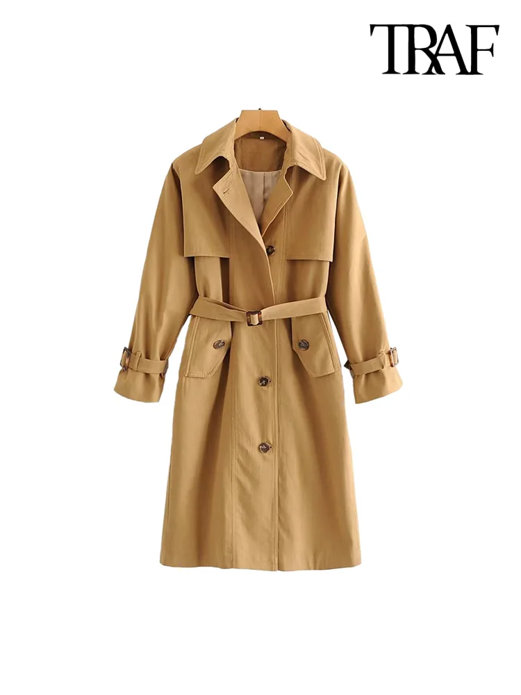 

TRAF Women Fashion With Belt Front Flap Pockets Trench Coat Vintage Long Sleeve Button-up Female Outerwear Chic Overcoat