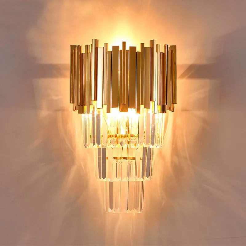 

Роскошный хрустальный настенный светильник, золотистый хромированный светильник из полированной стали с кристаллами, светодиодная лампа для спальни, прихожей, дома, гостиной