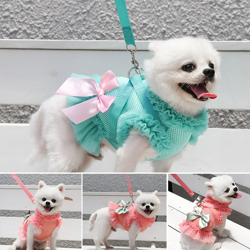 

Breathable Mesh Dog Dresses Harness Leash Suit Small Dog Clothes Ropa Perro Chihuahua Skirt Bow-knot Puppy Dress Pet Clothes