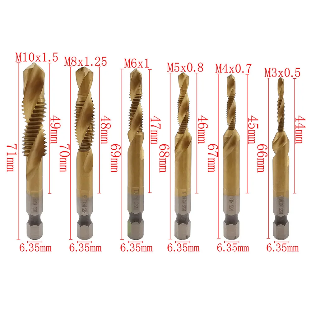 6Pcs Titanium Plated Drill Tap HSS Screw Thread Metric Hex Shank Tapping Bit Tool M3 M4 M5 M6 M8 M10 |