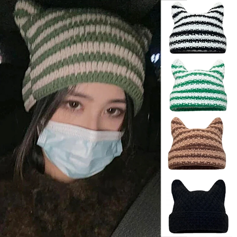 Japanese Harajuku Beanie Hat for Women Girls Punk Gothic Cat Ear Knitted Hat Autumn and Winter Warm Striped Knitted Wool Cap