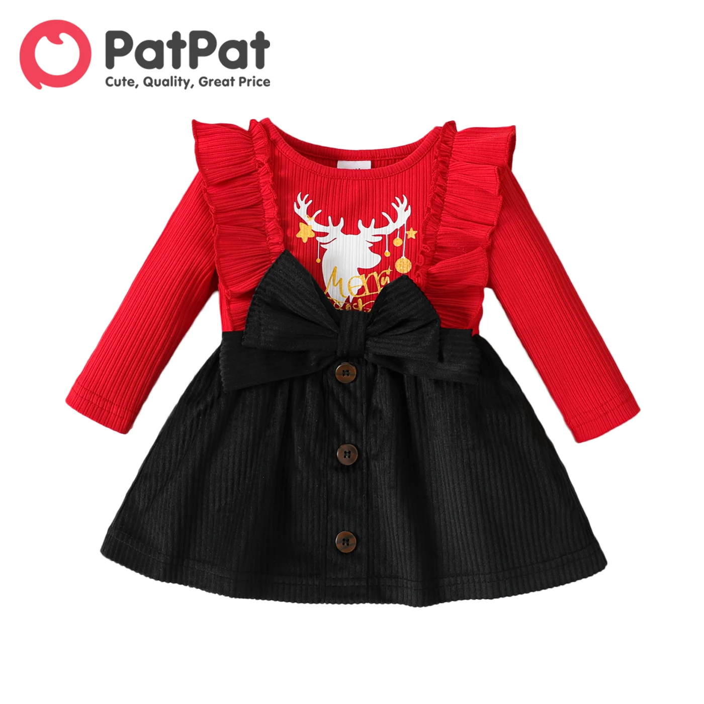 

PatPat Christmas Baby Girl Reindeer & Letter Print Ribbed Long-sleeve Ruffle Bow Spliced Dress