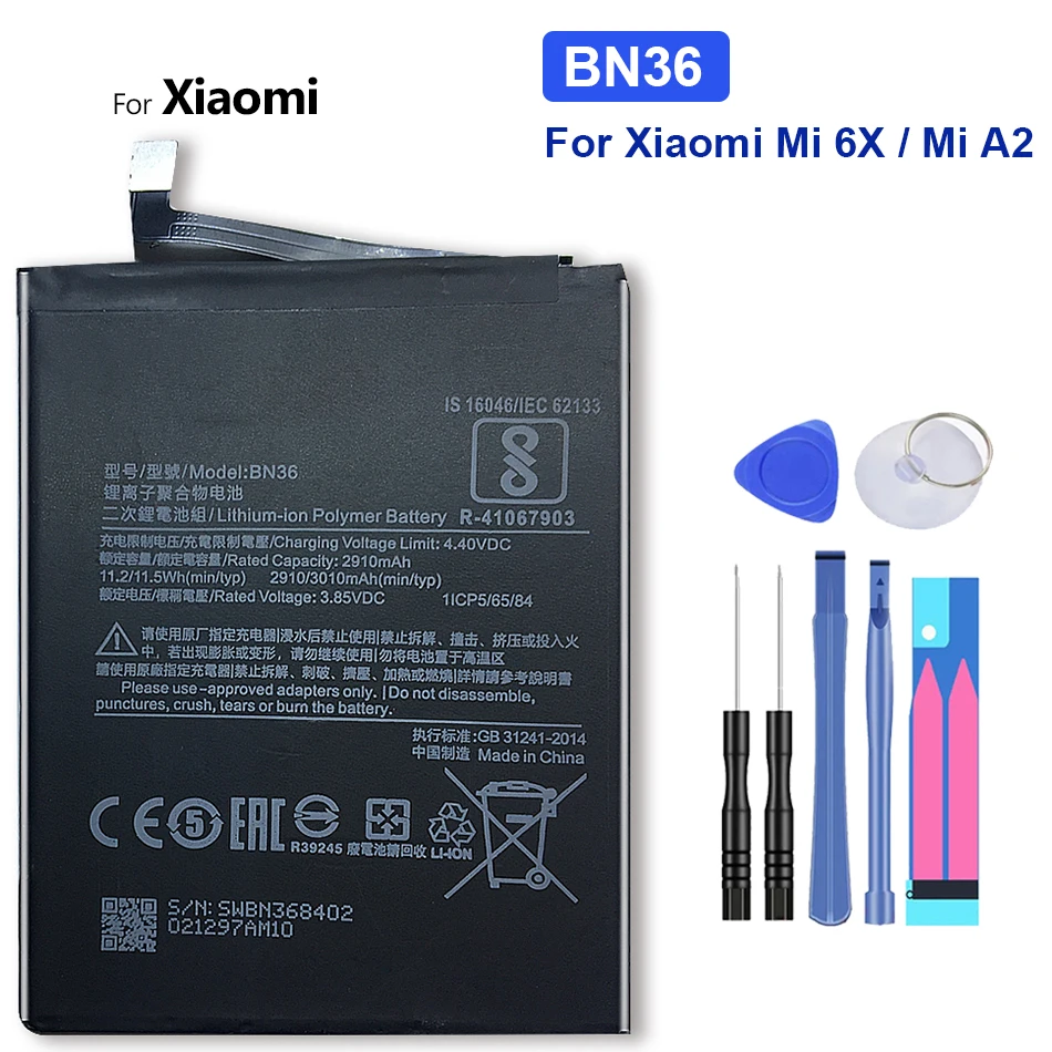 

Phone Battery BN36 for Xiaomi Mi 6X Mi6X Mi A2 MiA2 2910mAh High Capacity Replacement Battery Free Tools