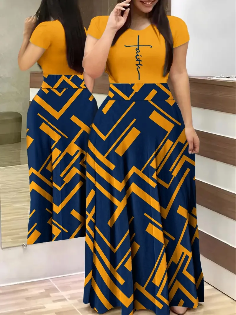 

Summer Fashion Casual Print Long Dress Women Round Neck Short Sleeve Slim Floor A-line Dress Women