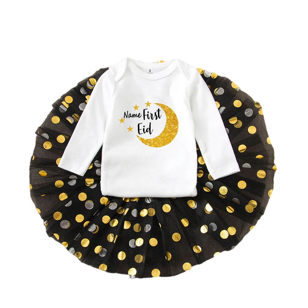 2pcs Set Personalised First Eid Baby Girls Tutu Dress Romper Eid Baby Tutu Moon Stars Design Newborn Princess Gift images - 6