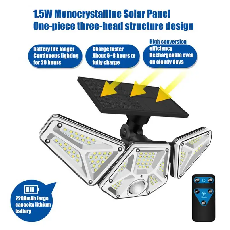 

SMD Solar Lights Outdoor 3 Head PIR Body Induction Motion Sensor 180 Wide Angle Illumination Waterproof Remote Control Wall Lamp