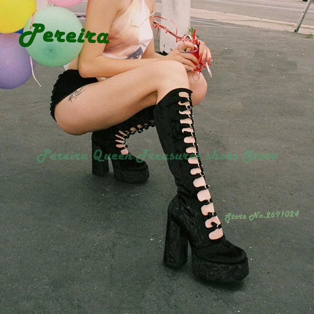 

Black Platform Velvet Buckle Sandals Round Toe Cut Out Knee High Women's Sandal Boots Gladiator Cute Lolita Party Shoes Sexy