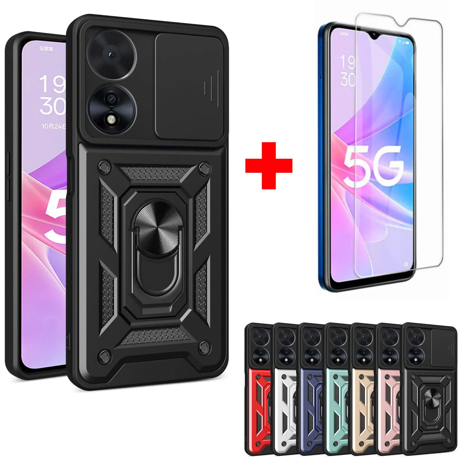 

For Oppo A78 A58 5G Case Magnetic Holder Ring Shockproof Armor Cover Ring StandSlide Push Window Card Slot +Tempered Glass