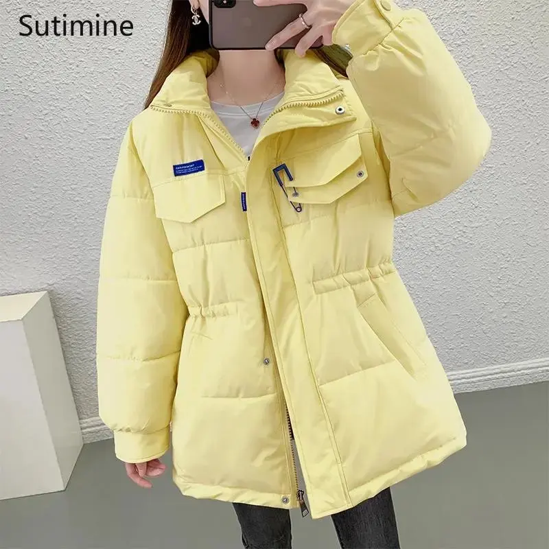 Winter Clothes Women Spliced Office Lady Down Cotton Padded Women Thick Casual Sexy Loose Coat Lace-up Drawstring Coat Women