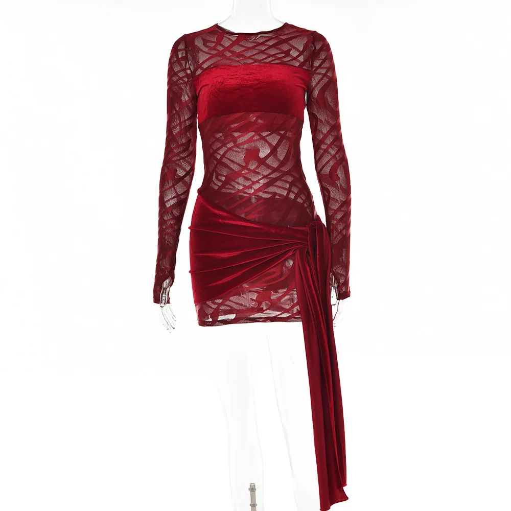 Women Sexy Hollow Mini Dress Fashion High Collar Long Sleeve Party Dress Velvet Patchwork Bandage Waist Elegant Club Dresses