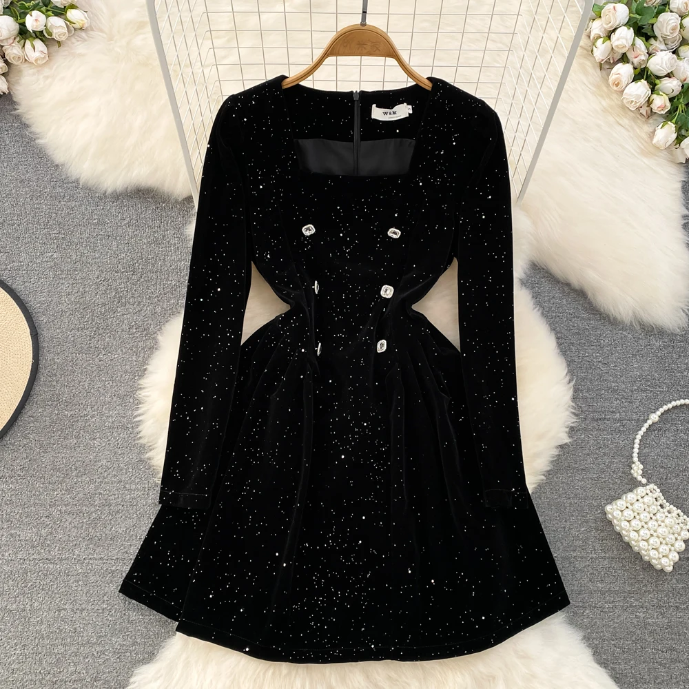 

Retro Square Collar French Glitter Sequin Waist Slimming Canary Dress