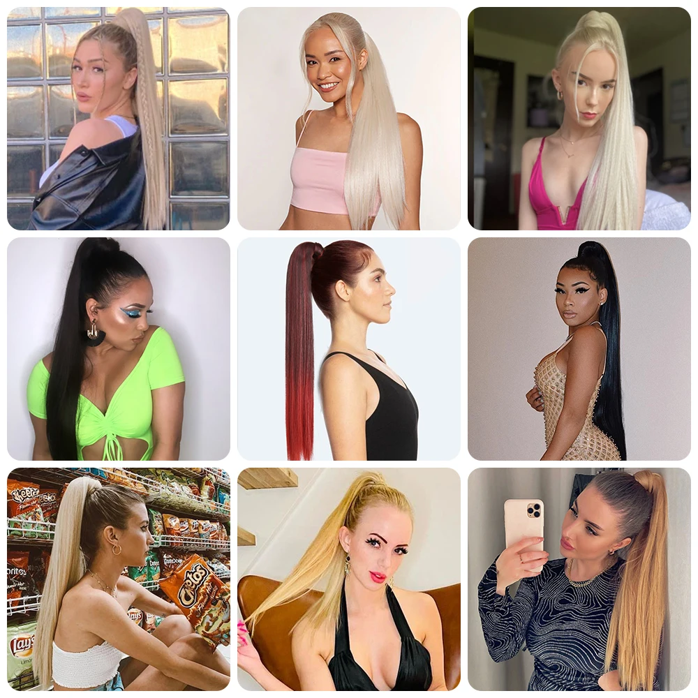Azqueen Synthetic Long Straight Wrap Around Clip In Ponytail Hair Extension Heat Resistant Pony Tail Fake Hair