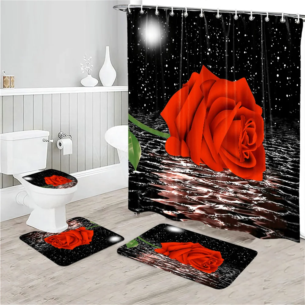 4 PCS Bathroom Sets with Shower Curtain and Rugs Inverted Image Rose Bathroom Curtains Black Starry Sky Printed Toilet Mats Set