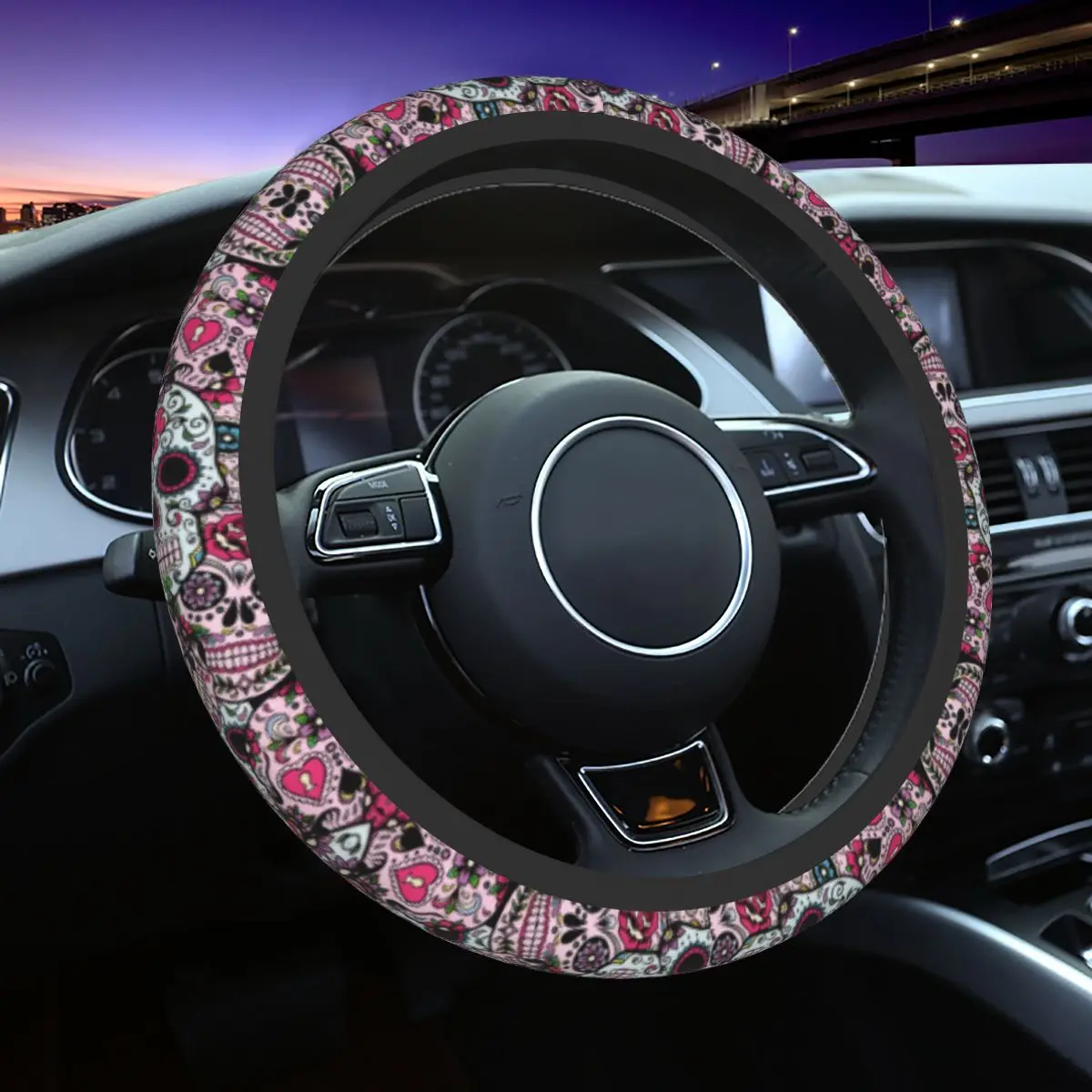 

37-38 Car Steering Wheel Cover Sugar Skull Anti-slip Face Skull Art Braid On The Steering Wheel Cover Elastische Car Accessories