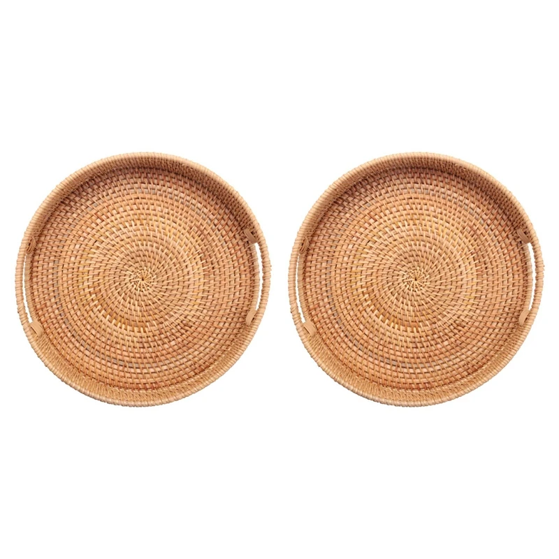 

2X Round Rattan Woven Serving Tray With Handles Ottoman Tray For Breakfast, Drinks, Snack For Coffee Table