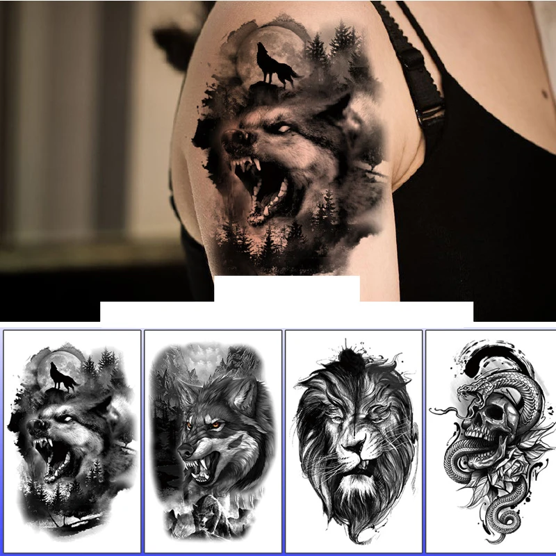 

Black Forest King Animal Tattoo Sticker For Men Tiger Skull Skeleton Fake Tattoo for Women Wolf Tattoo Temporary Waterproof