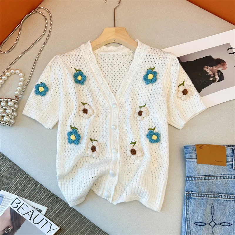 

Summer High Quality Fashion Flower Embroidery Round Neck Women cardigan Knit Sweater Casual Short-Sleeved T-Shirt Knitted Top