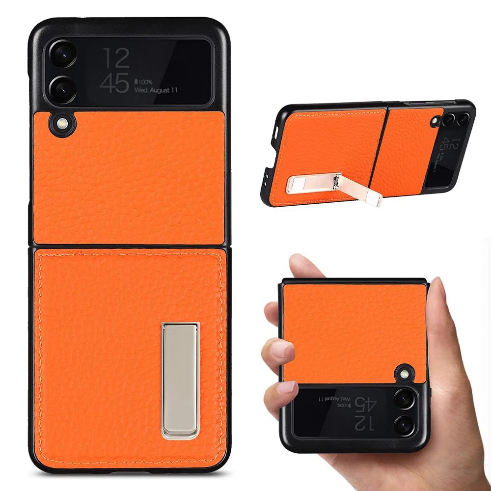 

Lychee Grain Leather Folding Case For Samsung Galaxy Z Flip 3 Protective Back Cover Case with Invisible Desktop Bracket