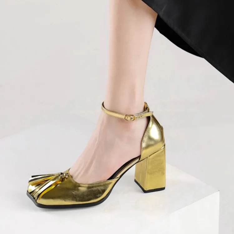 

Gold Leather Women Shallow Pumps Square Toe Tassel Ankle Strap Black Work Stilettos 8cm Chunky High Heels White Wedding Shoes