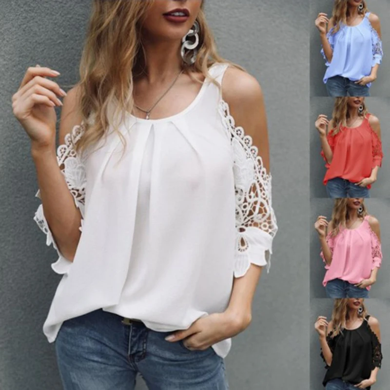 

Summer Sexy Women Lace Blouse Off Shoulder Half Sleeve Hollow Out 5XL White Shirt Woman Solid O Neck Loose Y2K Tops Blusas 20030