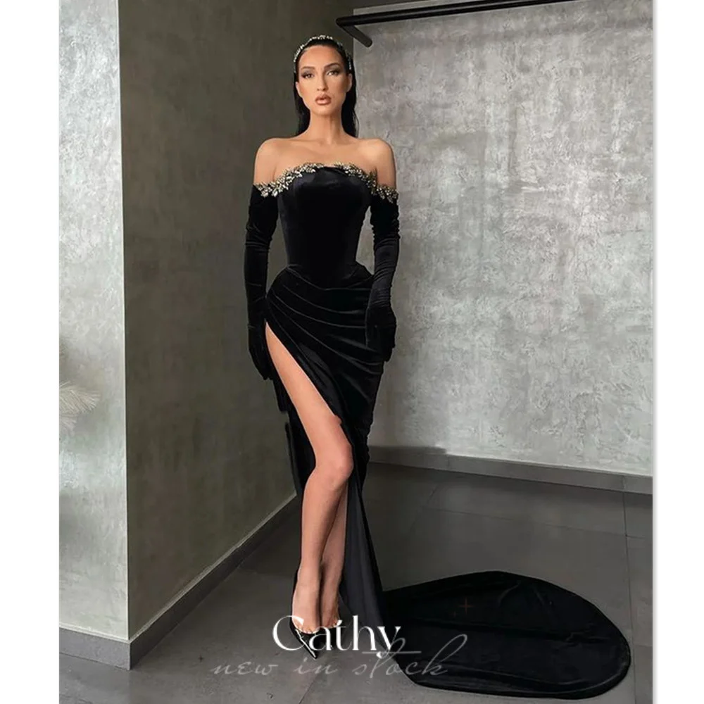 

Cathy Sexy Black Party Dresses Sexy Side Split Mermaid Prom Dress Sequins Velvet Trumpet Vestidos De Noche Glove فساتين السهرة