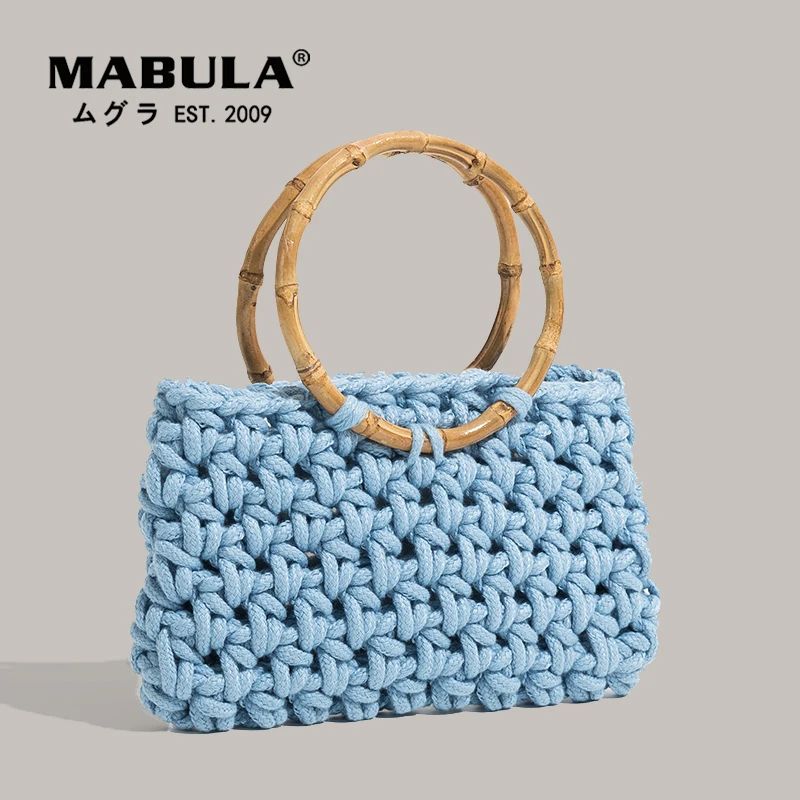 

MABULA Brochet Stylish Handwoven Handbags For Women With Circle Handle Small Totes Female Summer Shopping Bags Woven Phone Purse