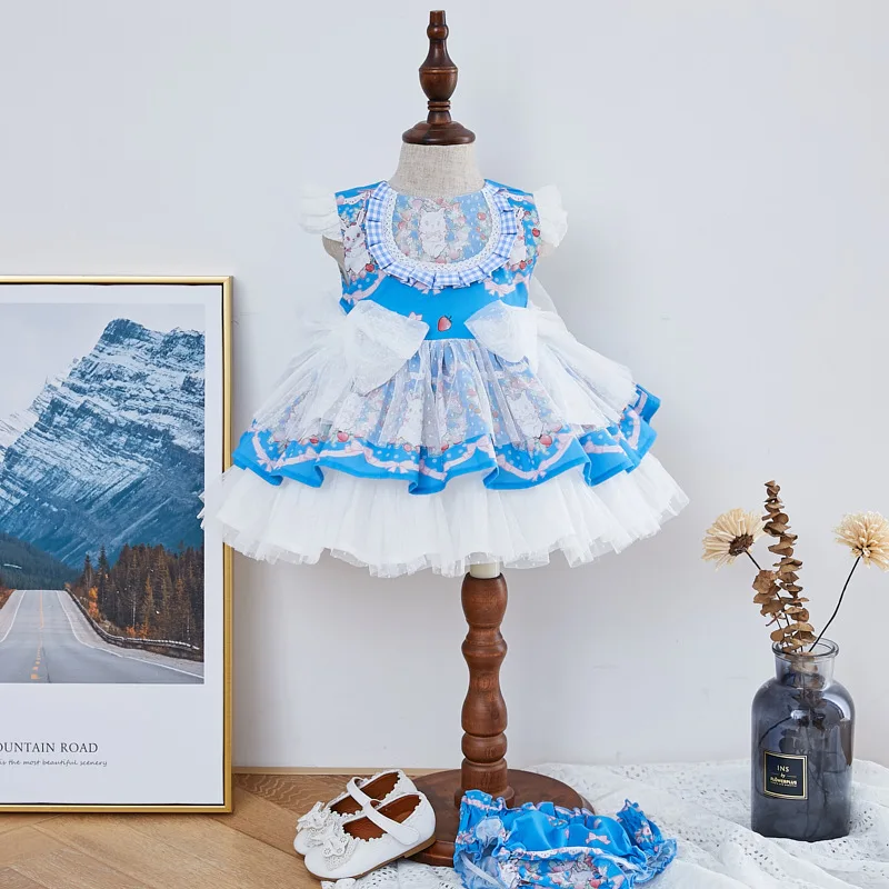 

2 PCS Baby Girls Spanish Blue Dress 2021 Summer Infant Turkey Vintage Princess WN009