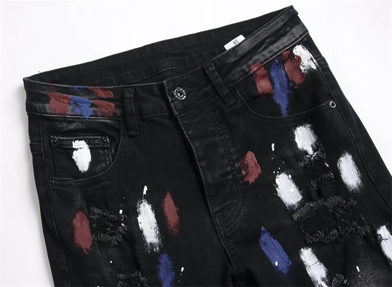 Men's Colorful Graffiti Printed Jeans Y2K Colorful Slim Fit Tapered Elastic Casual Pants Fashion Street Clothing Small Foot Pant