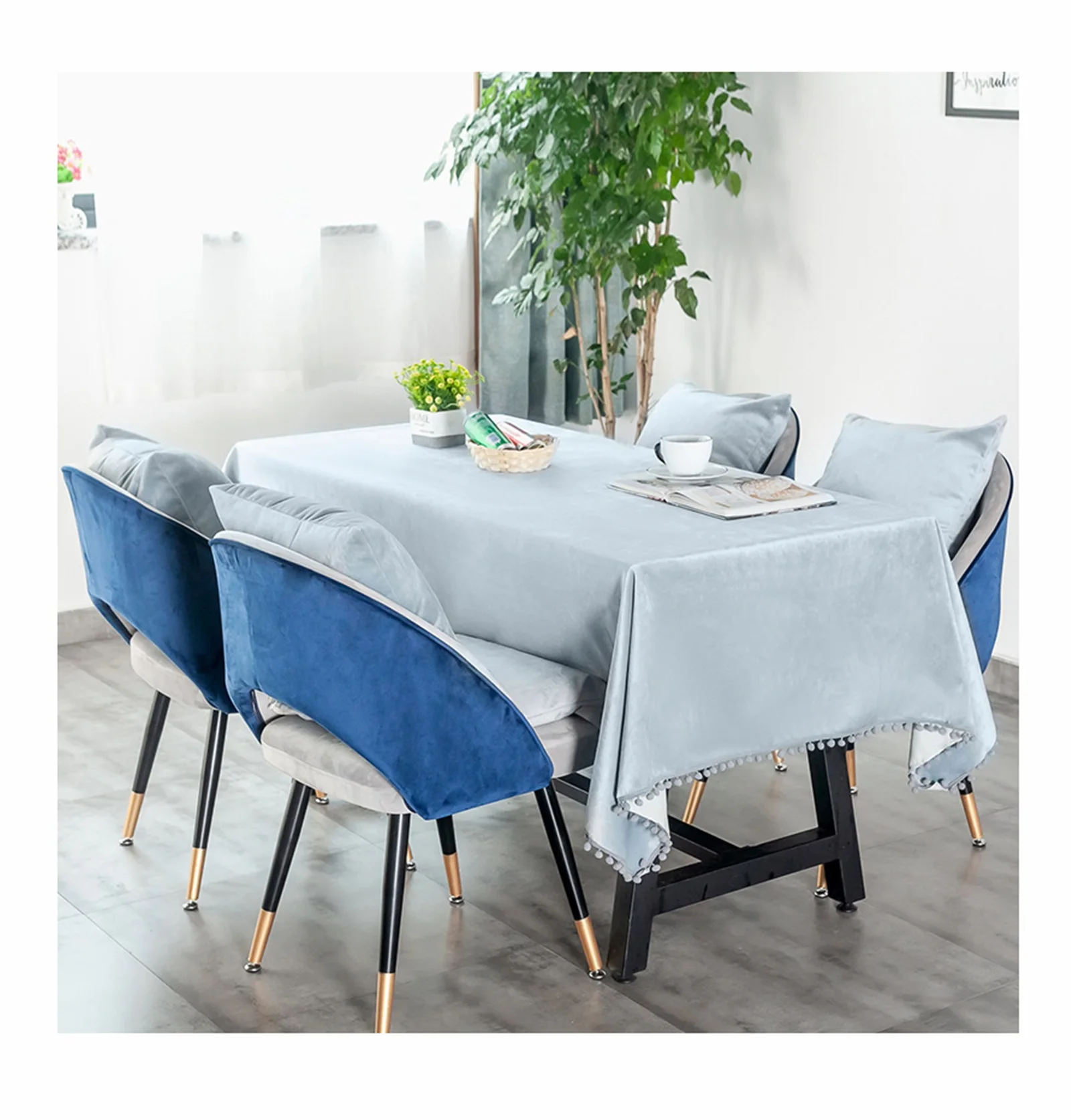 

Flannel Tablecloths, Waterproof Table Covers Simple Solid Color With Fluffy Ball Light Blue Dining Table Coffee Table Deco
