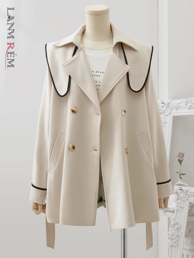 

LANMREM Contrast Color Striped Trench Coat Women's Double Breasted Long Sleeves High End Korean Belt Coats Fashion 2023 32D214