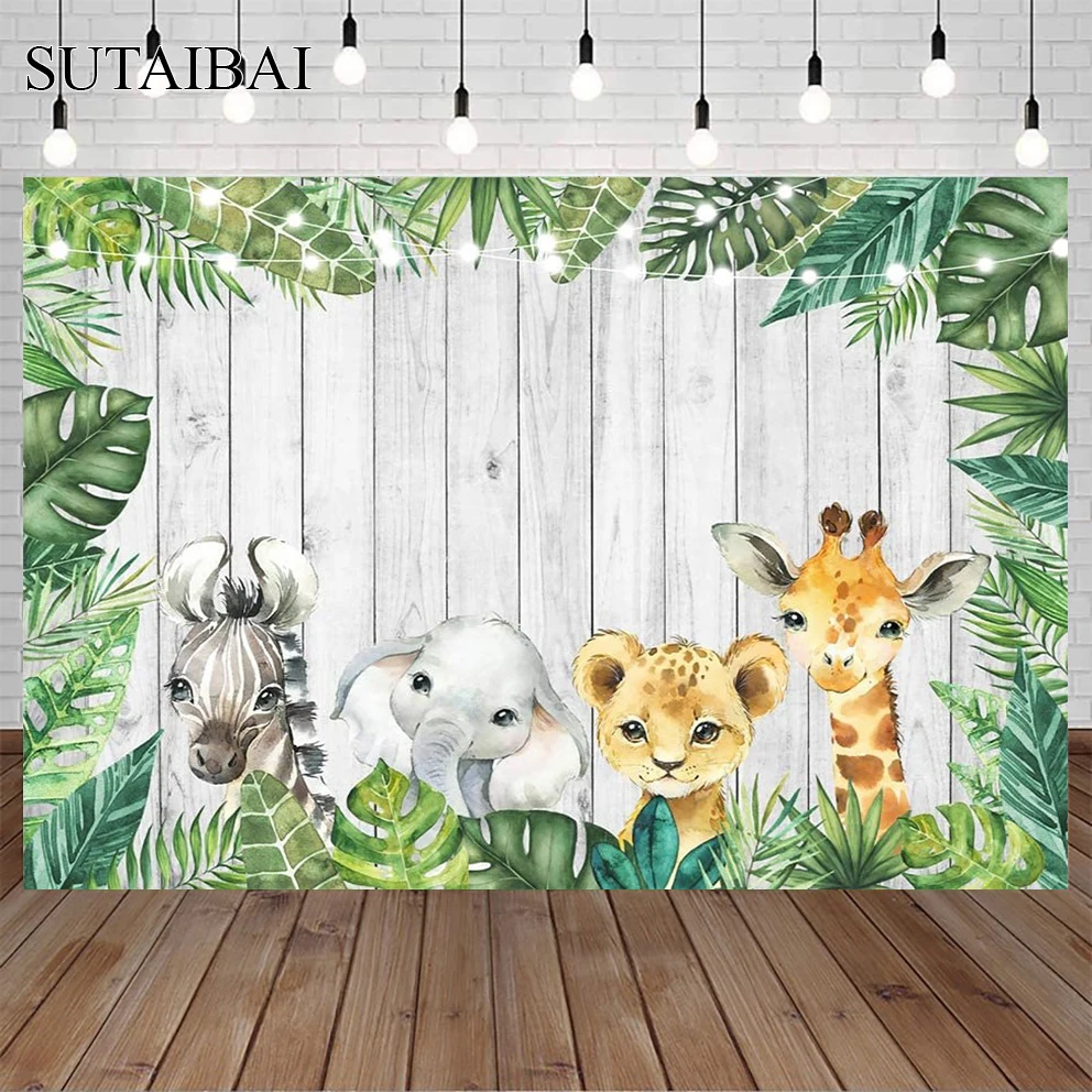 

Wooden Background Green Leaves Cute Animals Kids Birthday Party Photography Backdrop Supplies Photo Studio Booth Decorations