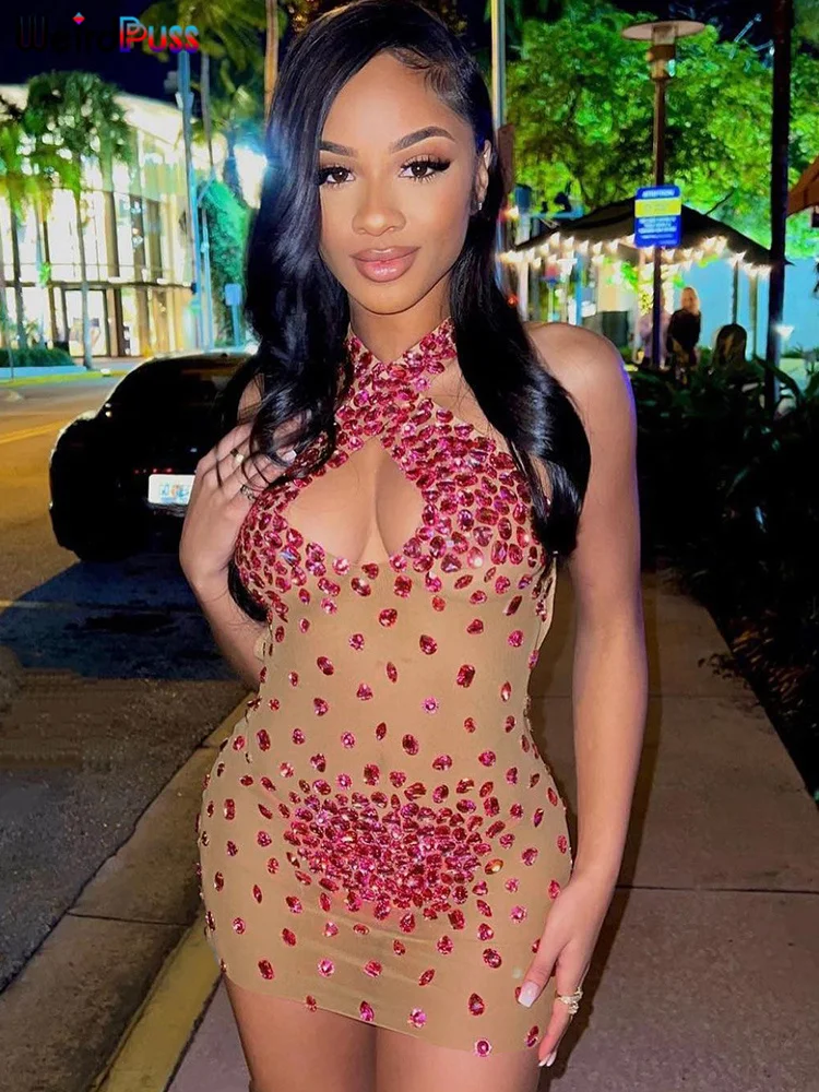 

Weird Puss New Halter Sexy Dress Deep V-Neck Women Rhinestone Patchwork Backless Stretchy Bodycon Midnight Party Skinny Clothing