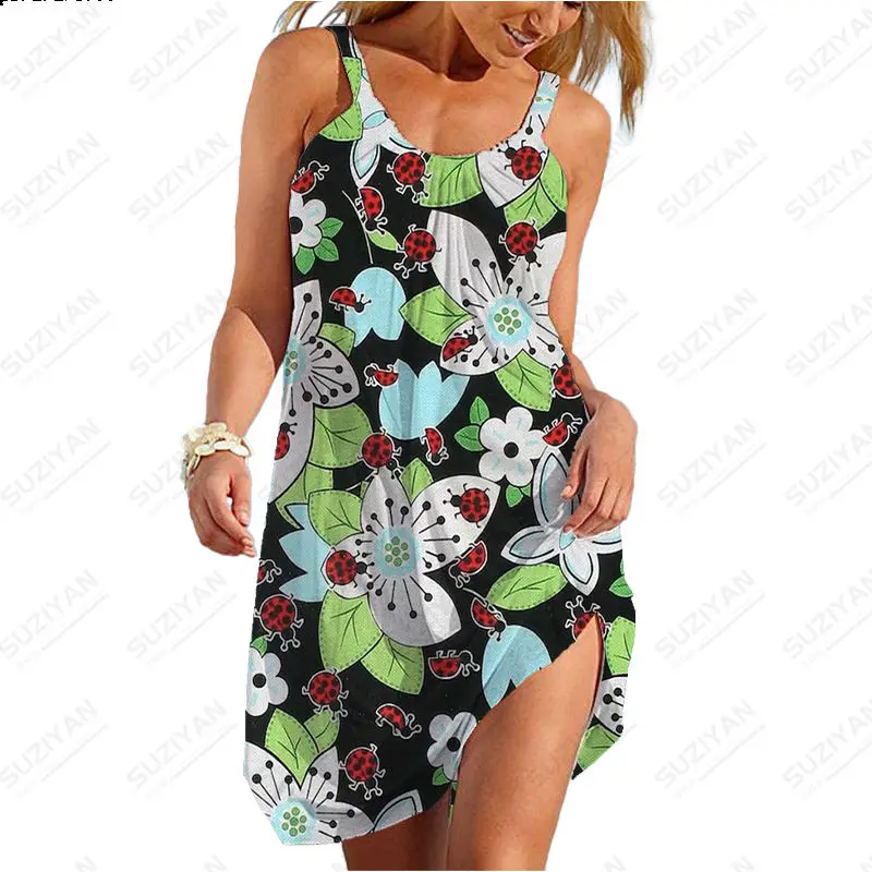 

New Women's Loose Plus Size Flower Print Beach Skirt Summer Bohemian Sleeveless Swing Skirt Sexy Casual Strap Mini Dress Strap