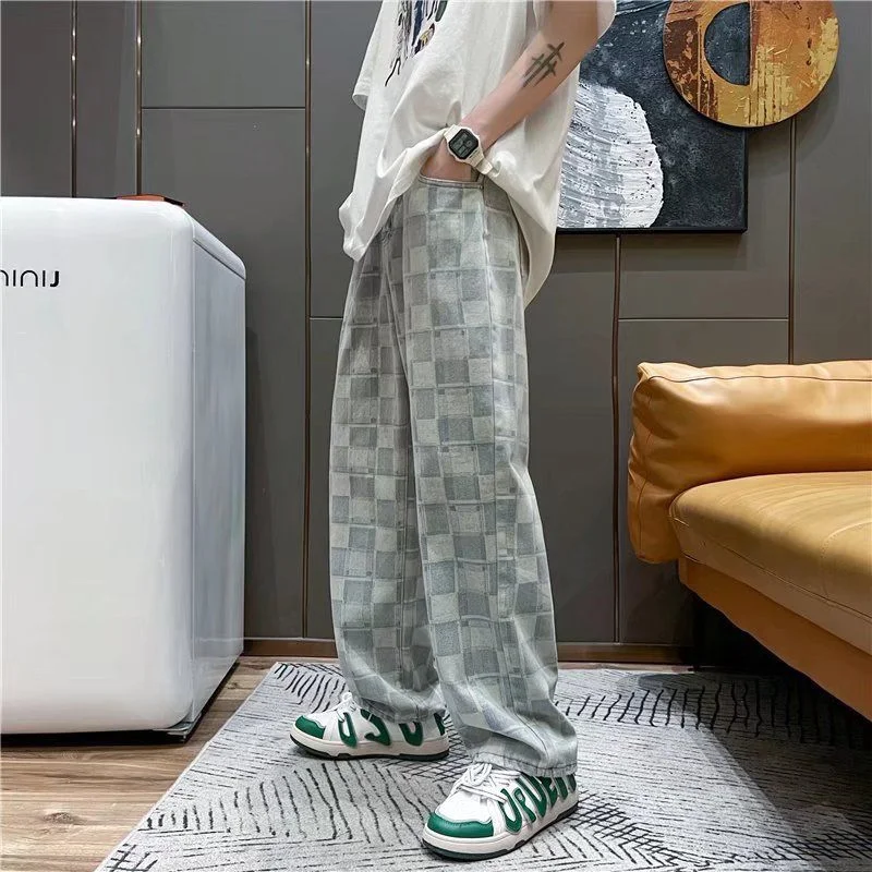 DEEPTOWN Plaid Straight Jeans for Men Loose Wide Leg Denim Pants Male Black Blue Trousers Casual Streetwear Hip Hop Fashion