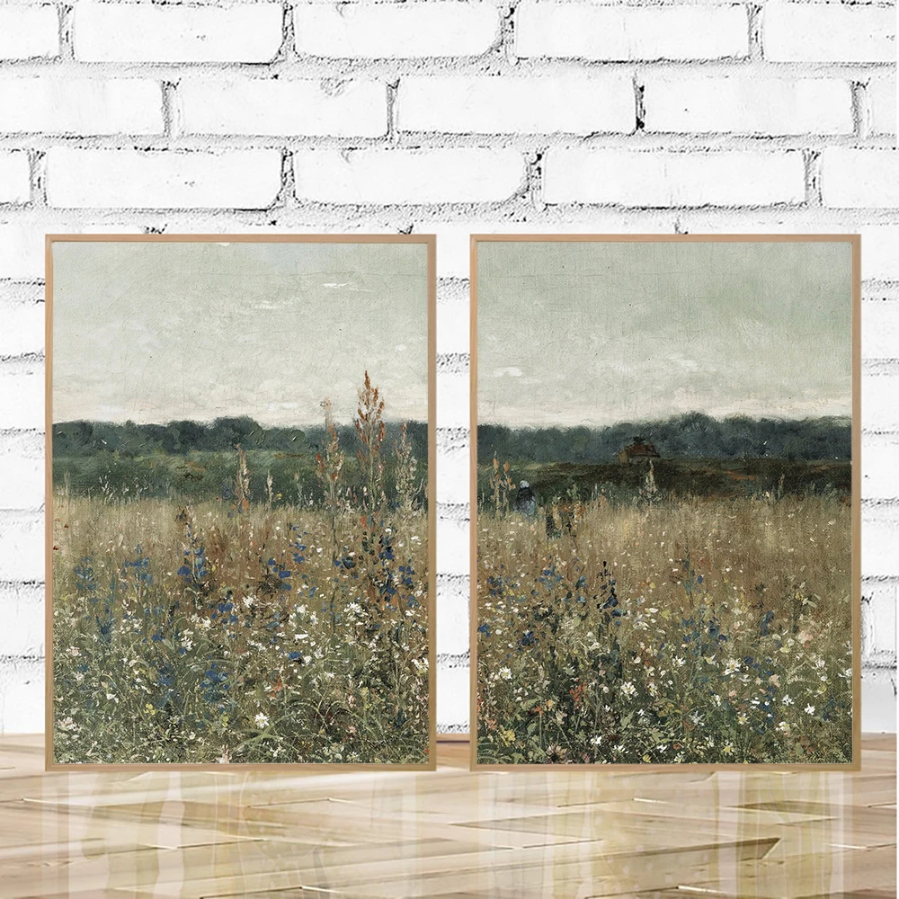 

Wildflower Field Farmhouse Posters Country Vintage Landscape Canvas Painting Nordic Wall Pictures for Living Room Home Decor