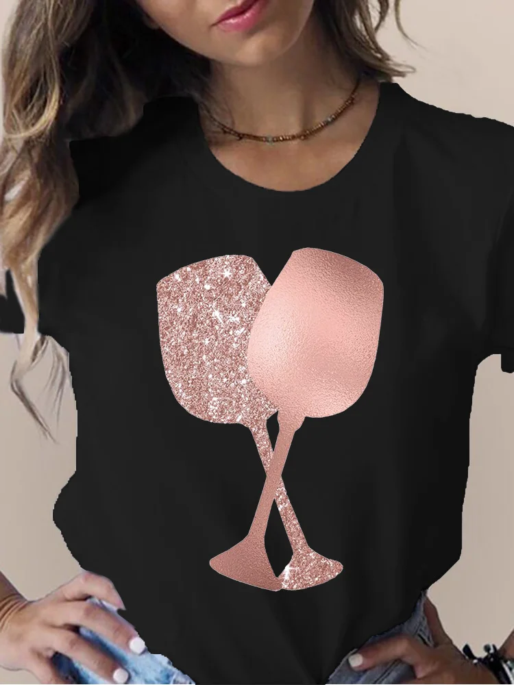 

T-shirts Women 90s Casual Cute Wine Glasses Kawaii Cute Fashion Clothes Short sleeve Tshirt Tops Lady Print Girl Tee T Shirt