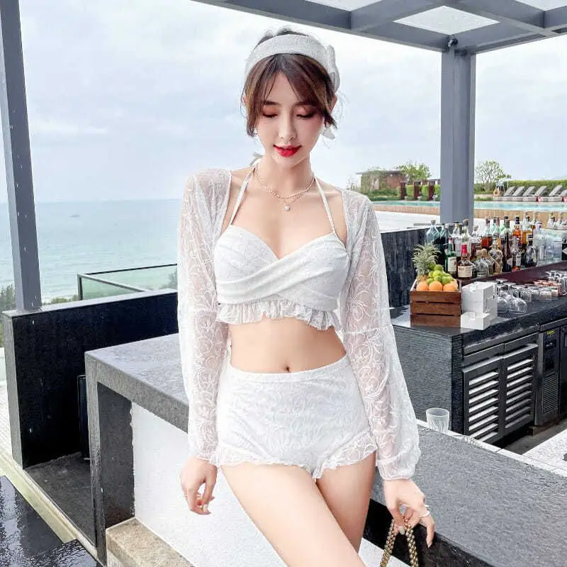 

2021 Women's Swimsuit Split Three-Piece Lace Sexy Fairy Flat Angle Long-Sleeved Hot Spring Swimwear Bikinis Pool Accessory