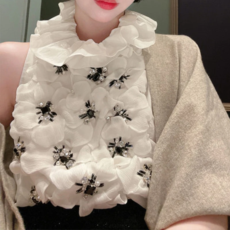 Женская рубашка-жилет с объемными цветами белая блузка-жилет без рукавов