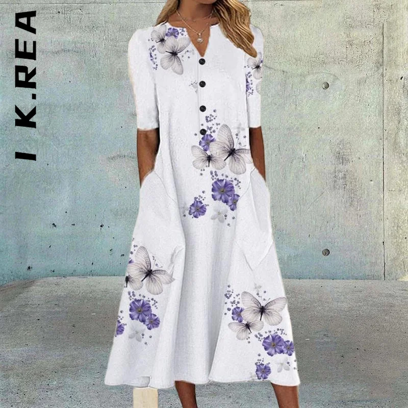 

I K.Rea Dress New Women V Neck Short Sleeve Button Print Dress Chic Elegant Robe Korean Vestidos Female Woman Clothes