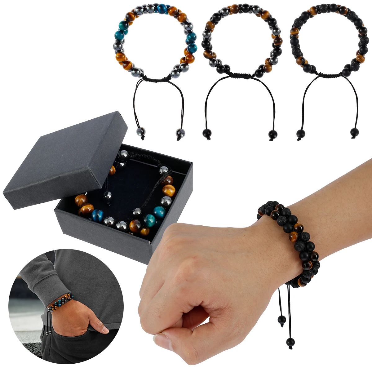 

Браслет с тройной защитой, изысканный браслет ручной работы с кристаллами для мужчин и женщин, тигровый глаз, бусины, гематит и агат, браслеты