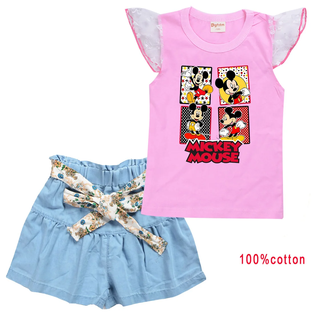 

2pc/Sets Disney Mickey Minnie Mouse Girls Clothing Outfits Summer T-shirt Shorts Clothes Casual Sports Tracksuits