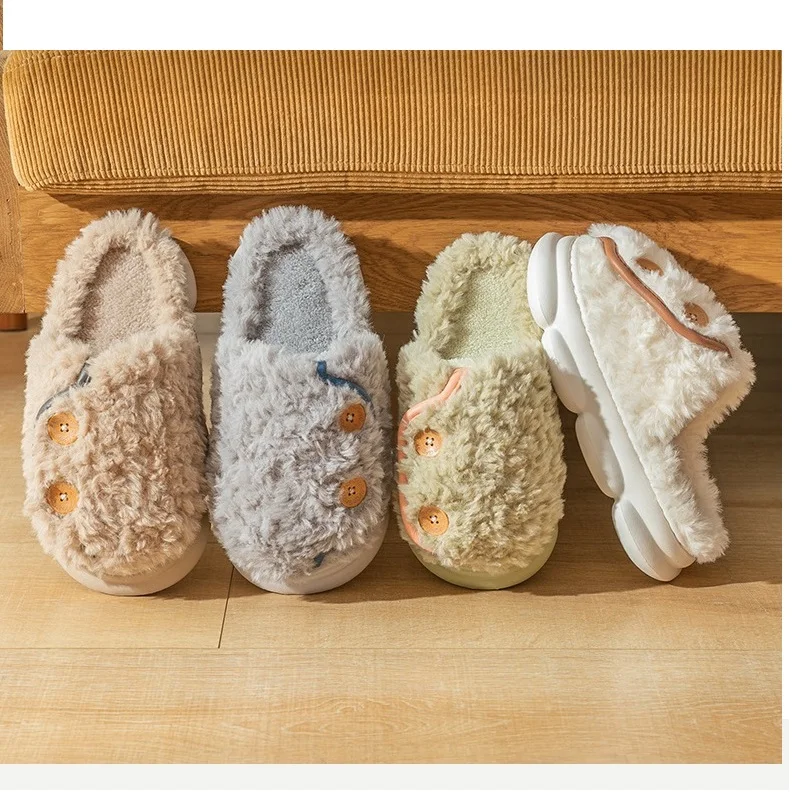 Stylish Button Slipper For Women Fur Mules Fuzzy Home Shoes Female Platform Fluffy Slippers Woman Indoor Fury Slides Shoes House images - 6